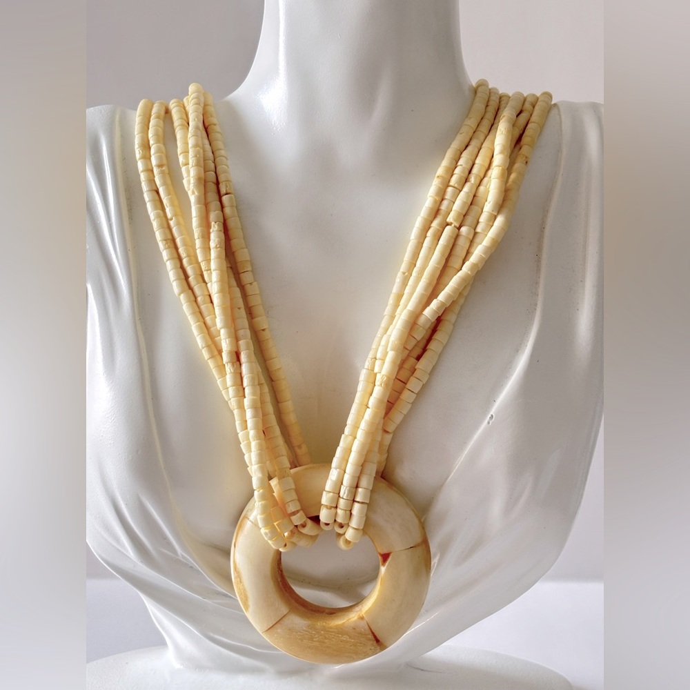 Vintage Bead Bone Bovine Necklace Round Pendant Boho Tribal